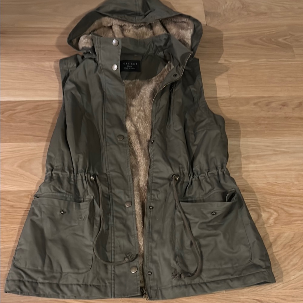 Olive Green Hooded Women's Vest fleece lined removable hood